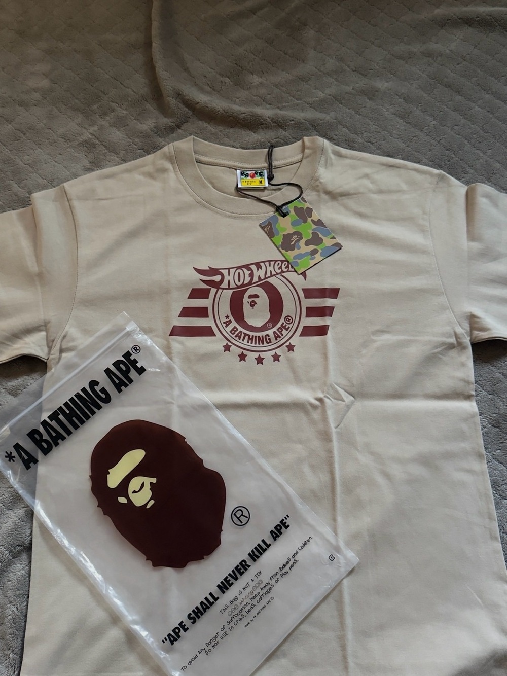 Bape Hot Wheels Logo Tee - Cream/Burgundy